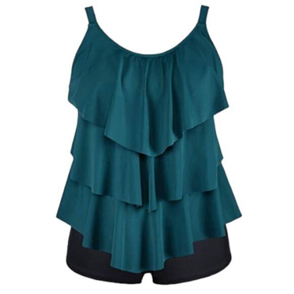 Teal Black Tankini Set Layered Ruffle Top Boyshorts Size 10 NWT #6973 - Picture 1 of 1